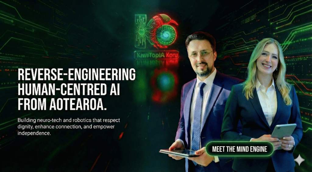 Founders of KiwiTopIA Koru — Ahmed AlKazaz and Nagham ElDemiri — leading human-centred robotics, AI, and neuro-AI from Aotearoa.